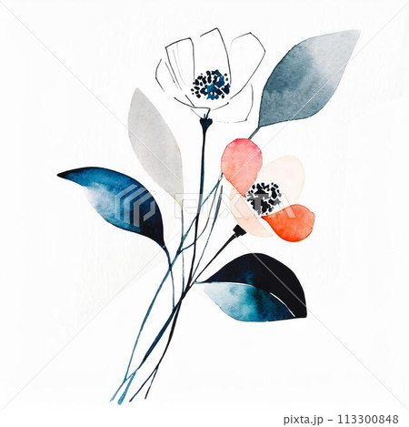 水彩で描いた白と赤い花のシンプルなイラスト 113300848