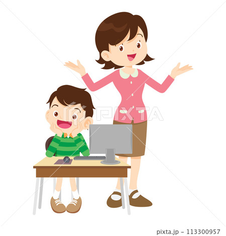 happy teacher and student learning computer 113300957