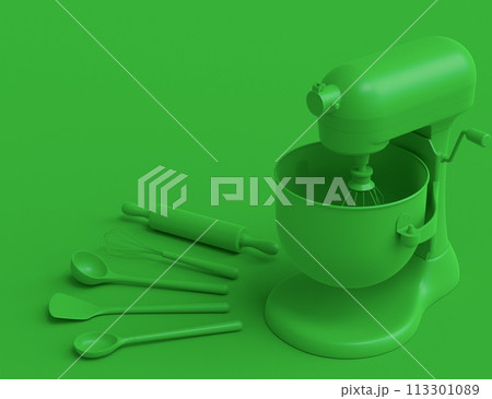 Mixer and cookie cutters with kitchen utensil for making cookies on monochrome Mixer and cookie cutters with kitchen utensil for making cookies on monochrome 113301089