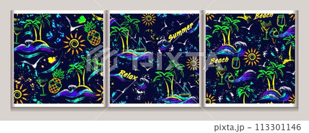 Summer holiday seamless patterns with tropical island, sun icon, ocean sea waves, pineapple. Paint brush strokes, splattered paint. Bright glowing neon colors Outline, contour illustrations Summer holiday seamless patterns with tropical island, sun icon, ocean sea waves, pineapple. Paint brush strokes, splattered paint. Bright glowing neon colors Outline, contour illustrations 113301146