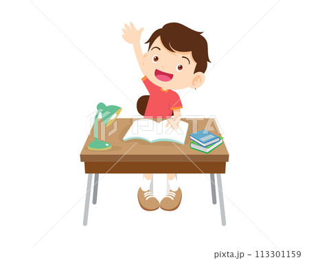 cute student sitting on desk working for homework 113301159