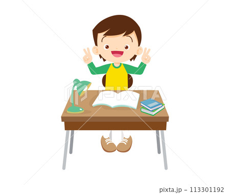 cute student sitting on desk working for homework 113301192