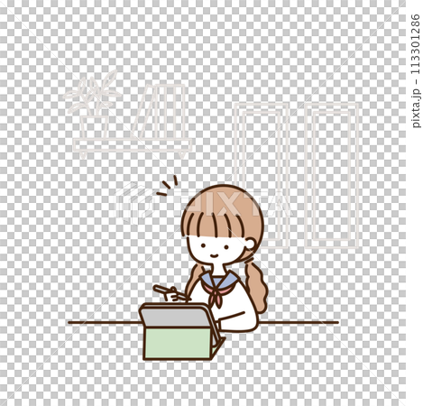 タブレットPCを使って自宅で勉強をするかわいい女子学生 113301286