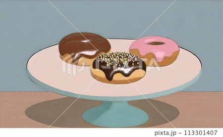 テーブルの上の美味しそうなドーナツ 113301407