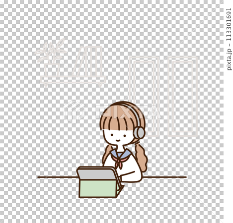 使用平板電腦和耳機觀看影片的高中女孩 113301691