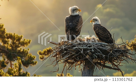 Two Bald Eagles Overlooking Landscape From Their Nest At Dusk. Banner with Copy space. AI Generated 113301762