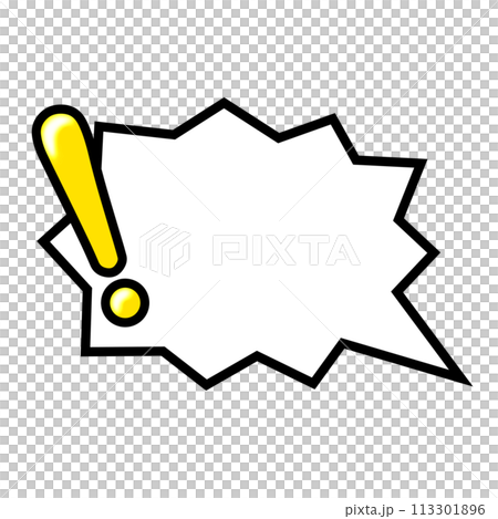 A zigzag-shaped speech bubble with a yellow exclamation mark on the right 113301896