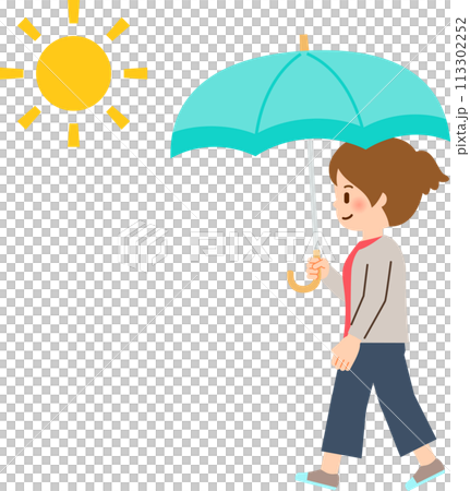 Smiling woman walking with a parasol on a sunny day Smiling woman walking with a parasol on a sunny day 113302252