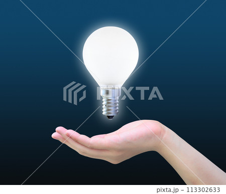 light bulb in women hand on dark 113302633
