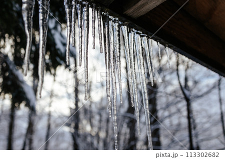 Formation of ice and icicles. Icicles on the roof. 113302682