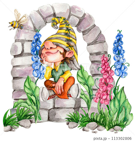 Composition of watercolor hand drawn cute Nordic Scandinavian gnomes and flowers and leaves watercolor illustration. Design for baby shower party, birthday, cake, holiday celebration, greetings cards. 113302806