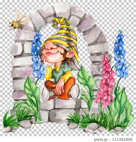 Composition of watercolor hand drawn cute Nordic Scandinavian gnomes and flowers and leaves watercolor illustration. Design for baby shower party, birthday, cake, holiday celebration, greetings cards. 113302806