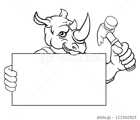 Rhino Hammer Cartoon Mascot Handyman Carpenter Rhino Hammer Cartoon Mascot Handyman Carpenter 113302925