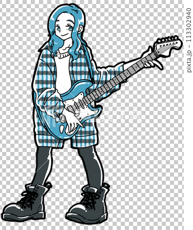 Illustration of a woman playing an electric guitar Illustration of a woman playing an electric guitar 113302940