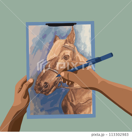 Vector isolated illustration of drawing process. Drawing lessons. School of Fine Arts. A drawing of a horse portrait on an artboard. Vector isolated illustration of drawing process. Drawing lessons. School of Fine Arts. A drawing of a horse portrait on an artboard. 113302983