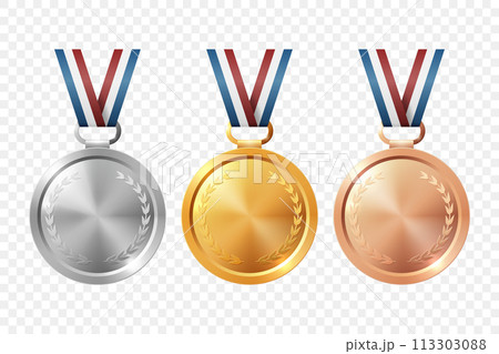 Vector Realistic Blank Golden, Silver, Bronze Award Medal Icon Set, Closeup, Isolated. First, Second, Third Place Prizes. Design Template for Sport Tournament Victory Concept. Front View 113303088