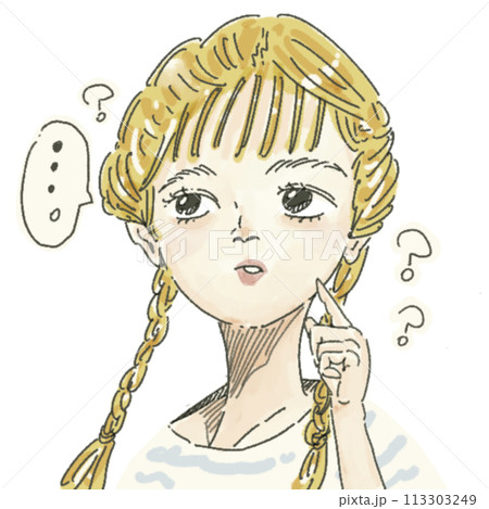 【人物イラスト】?マーク浮かべている、疑問の表情の女の子 【人物イラスト】?マーク浮かべている、疑問の表情の女の子 113303249