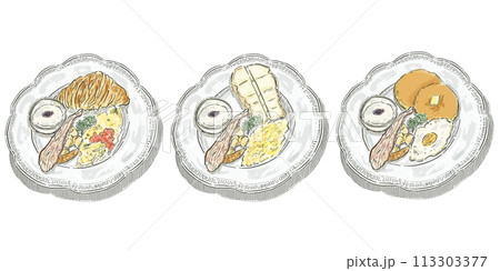 【食べ物イラスト】モーニングプレートのセット 113303377