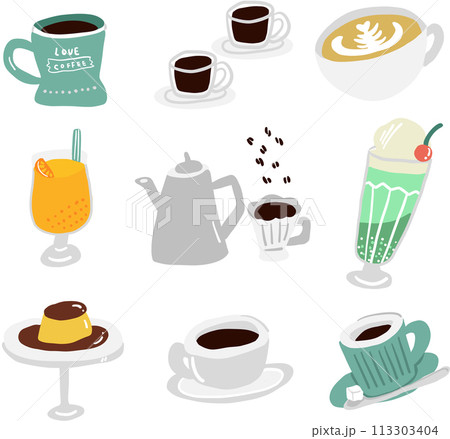 色々なコーヒーとカフェドリンクのイラストセット 113303404