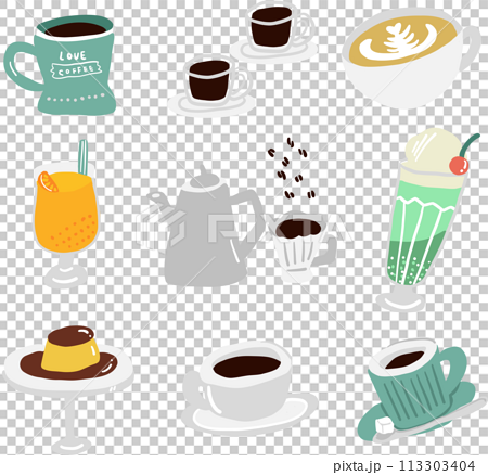 色々なコーヒーとカフェドリンクのイラストセット 113303404