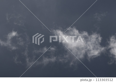 Cloudscape scenery, overcast weather above dark blue sky. Storm clouds floating in a rainy dull day with natural light. White and grey scenic environment background. Nature view. 113303512