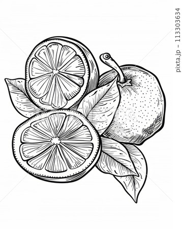 Detailed black and white line drawing of a lemon and a half on a white background 113303634