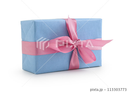 Blue paper present box with pink ribbon bow isolated on white background 113303773