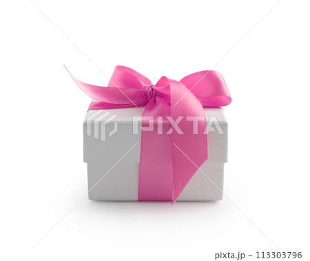 White gift box with pink ribbon bow isolated on white background 113303796