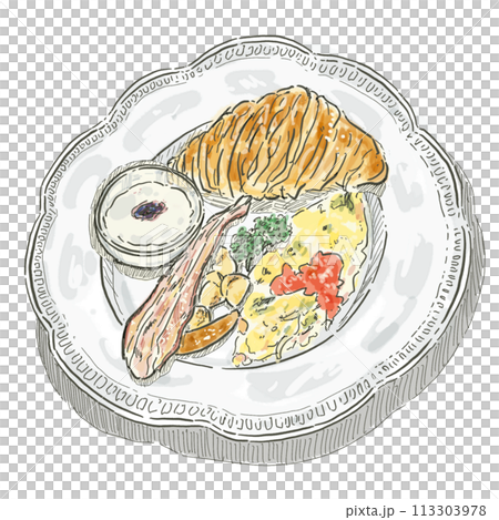 [Food illustration] Morning plate (croissant_omelette) 113303978