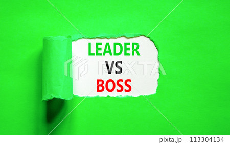 Boss vs leader symbol. Concept words Boss vs versus leader on beautiful white paper. Beautiful green background. Business motivational boss vs leader concept. Copy space. 113304134