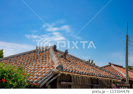 沖縄県　竹富島　琉球赤瓦屋根とシーサー 113304476