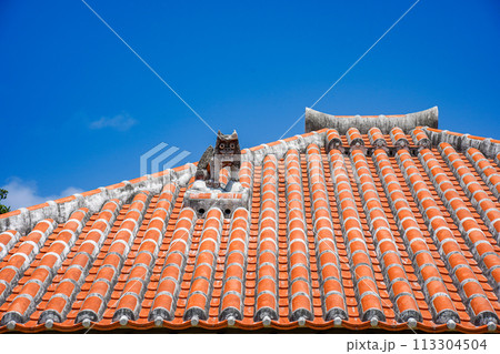 沖縄県　竹富島　琉球赤瓦屋根とシーサー 113304504