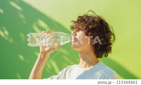 緑の背景に水の入ったペットボトルを口に付けて飲もうとしている若い男性の写真 113304881