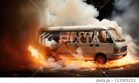 Tourist minibus engulfed by smoke and flames.AI Generated Tourist minibus engulfed by smoke and flames.AI Generated 113305253