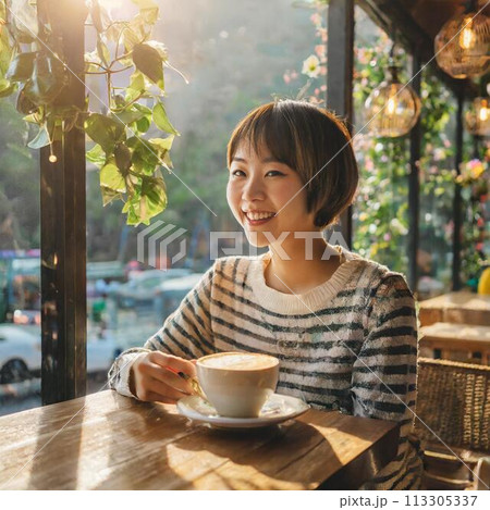 喫茶店で大きなコーヒーを飲む女性 113305337