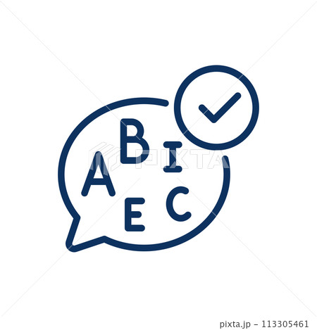 Fine Speaking Skills Icon. Thin Line Illustration of Speech Bubble with Letters and Check Mark, Denoting Language Proficiency and Communication Ability. Isolated Outline Vector Sign.	 113305461