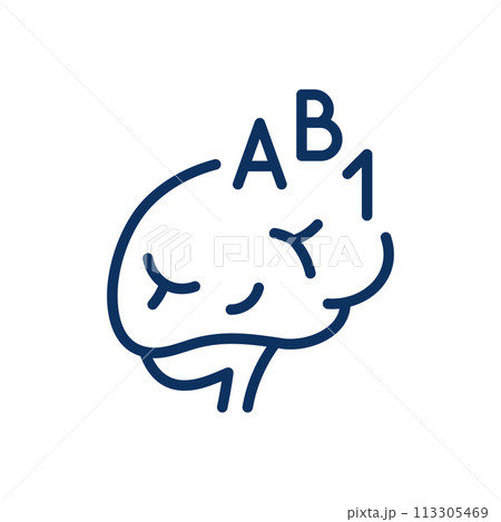 Learning Brain Icon. Thin Line Illustration of a Brain with Letters and Numbers, Depicting Cognitive Development and Intellectual Growth. Isolated Outline Vector Sign.	 113305469