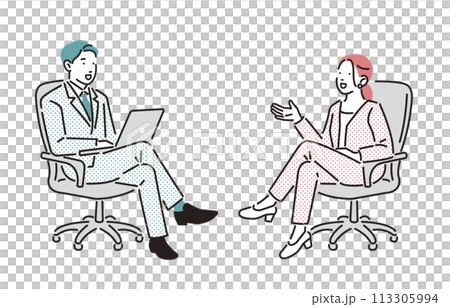 商人男人和女人坐在椅子上交談 113305994