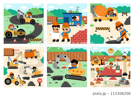 Vector construction site landscape illustrations set. Scenes collection with kid workers, vehicles, road works, building a brick house. Square backgrounds with funny builders, painters, animals Vector construction site landscape illustrations set. Scenes collection with kid workers, vehicles, road works, building a brick house. Square backgrounds with funny builders, painters, animals 113306206