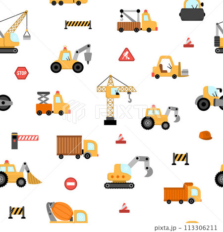 Vector special transport seamless pattern. Construction site, road work, building transport repeat background with bulldozer, tractor, truck. Cute digital paper with repair service vehicles 113306211