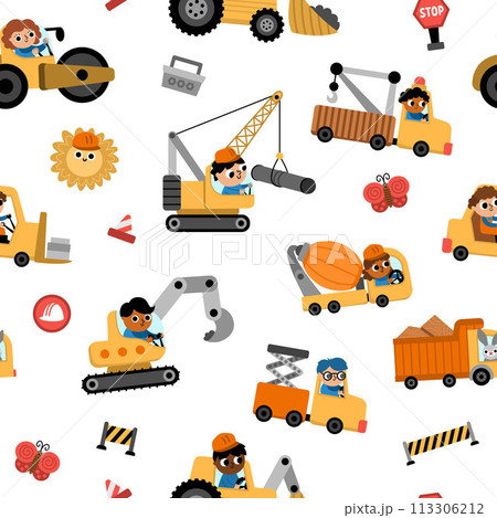 Vector special transport seamless pattern with drivers. Construction site, road work, building transport repeat background with bulldozer, tractor, truck. Cute repair service vehicles texture for Vector special transport seamless pattern with drivers. Construction site, road work, building transport repeat background with bulldozer, tractor, truck. Cute repair service vehicles texture for 113306212