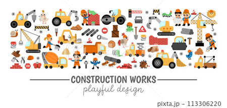 Vector construction site horizontal border set with kid builders, transport, tractor, crane, animals. Building works card template design for banners, invitations. Cute repair service illustration 113306220