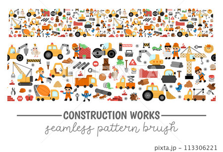 Big vector construction site, road work seamless pattern brush. Cute repair service or building repeat boarder with kid builders, transport, bulldozer, tractor, truck, crawler crane, animals Big vector construction site, road work seamless pattern brush. Cute repair service or building repeat boarder with kid builders, transport, bulldozer, tractor, truck, crawler crane, animals 113306221