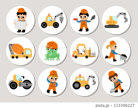 Cute construction site and road work round cards set with funny kid builders, transport, concrete mixer, tractor, animals. Vector building works highlight icons. Repair service design for tags Cute construction site and road work round cards set with funny kid builders, transport, concrete mixer, tractor, animals. Vector building works highlight icons. Repair service design for tags 113306227