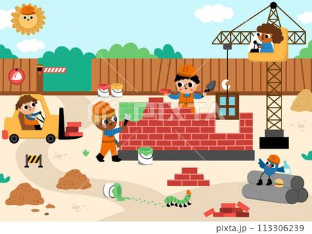 Vector construction site landscape illustration. Scene with kid workers in building a brick house. Horizontal background with funny builders, painters, animals and bird, lifting crane, vehicles 113306239