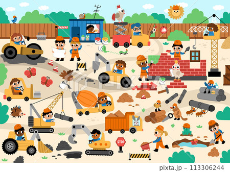 Vector construction site and road work landscape illustration. Building scene with funny kid builders, transport, bulldozer, tractor, truck, crawler crane, animals. Cute repair service background 113306244