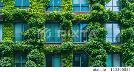 Urban apartment building covered with lush green plants Urban apartment building covered with lush green plants 113306883