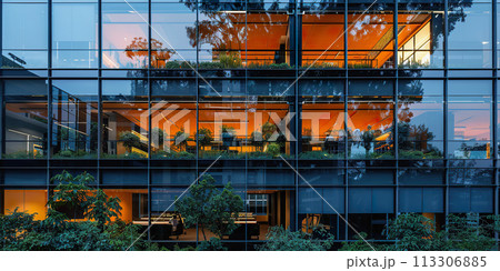 Modern Office Building with Glass Facade and Integrated Greenery Modern Office Building with Glass Facade and Integrated Greenery 113306885