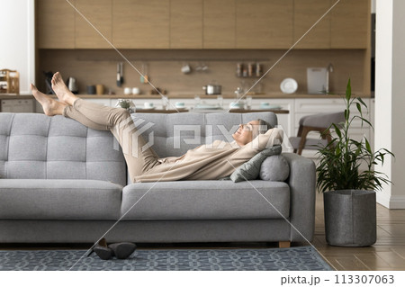 Smiling mature woman lying on couch enjoying leisure Smiling mature woman lying on couch enjoying leisure 113307063