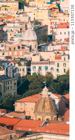 Naples, Italy. Top View Cityscape Skyline With Famous Landmarks In Sunny Day. Many Old Churches And Temples 113307138